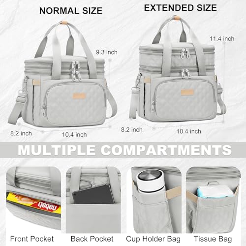 AIJIEKE Lunch Bag for Women, Insulated Double Deck Work Lunch Box, Gray | Durable, leakproof thermal cooler tote. Double compartment, expandable pockets, strap. For travel meal prep, beach, picnic - color: Gray