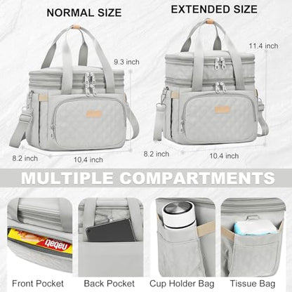 AIJIEKE Lunch Bag for Women, Insulated Double Deck Work Lunch Box, Gray | Durable, leakproof thermal cooler tote. Double compartment, expandable pockets, strap. For travel meal prep, beach, picnic - color: Gray