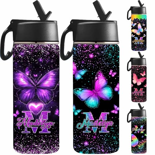 Personalized Water Bottles with Name for Kids, Custom Butterfly Water Bottle Insulated Cup with Straw Lid for Girls - color: Color_15