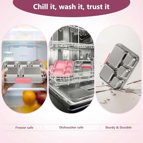 Pawtong Stainless Steel Lunch Box, 5-Compartment Bento Lunch Box for Kids & Adults,Metal Lunch Box with Removable Silicone Container, Lunch Box Containers for School,Office(Pink) - color: Pink
