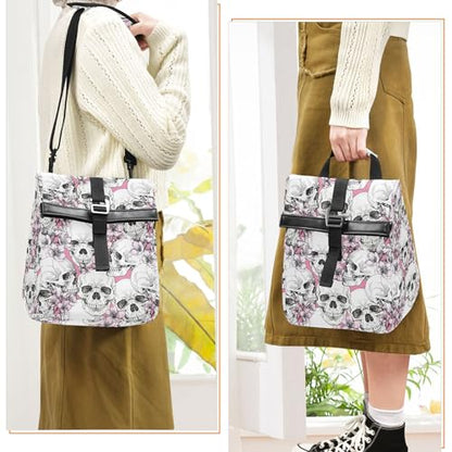 MNSRUU Insulated Lunch Bags Women Men, Halloween Skull Flowers and Pink Cherries Portable Reusable Thermal Meal Tote Cooler Bag Organizer, Adjustable Shoulder Strap, Handle - color: Skulls 084