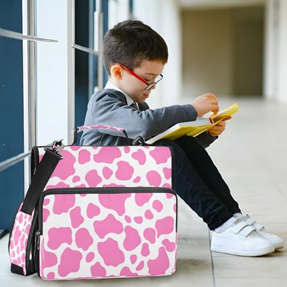 3 Ring Zipper Binder Pink Cow Print Binder Organizer Portfolio with File and Shoulder Strap & Handle Large Capacity File Folder - color: Pink Cow Print