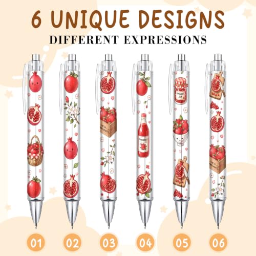6 Pack Pomegranate Inspirational Pens, Cute Kawaii Fruit Ballpoint Pen Set for Girls Kids Teens, Aesthetic School Supplies with Sweet Pomegranate Designs, Teacher Gifts, Classroom Rewards