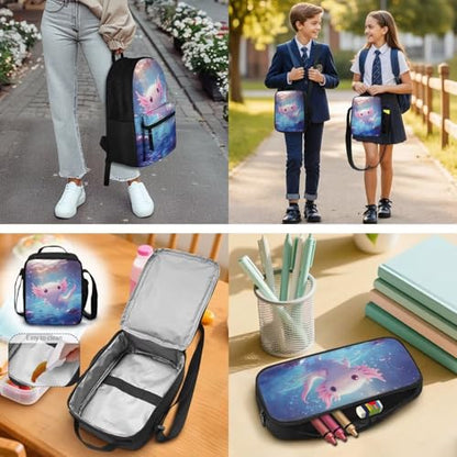 BIGCARJOB Axolotl Backpack for School Girls Bookbags Set with Lunch Bags Pencil Case 3 Pcs Girls School Bookbags Set Thermal Lunch Containers Back to School Pen Bags - color: Cute Axolotl, size: One Size