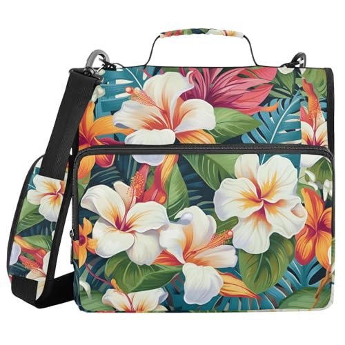 Flowers Hibiscus Zipper Binder 3 Ring 1.5 Inch School Binder Organizer with Shoulder Strap Handle File Folder Pockets Large Capacity Students Girl Boy Men Office Work - color: Flowers Hibiscus