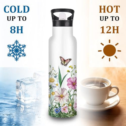Insulated Water Bottle,Butterfly Lavender 20 oz Stainless Steel Water Bottles with Straw Lid,Flowers Leaves Leak Resistant Double Insulated Flask with Handle,Fits Cup Holder,Keeps Drinks Cold - color: Butterfly Lavender,Flowers Leaves