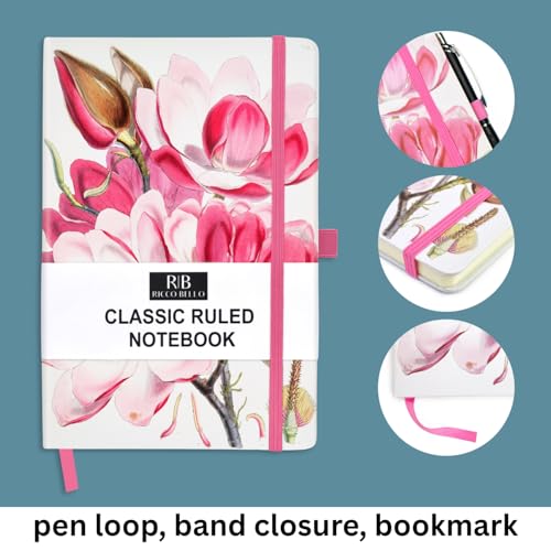 RICCO BELLO Lined Journal Notebook, Pink Magnolia, 5.7 x 8.4-Inches | Hardcover, College Ruled, 96 Sheets / 192 Pages, Pen Holder, For Work & Notes - color: Pink Magnolia