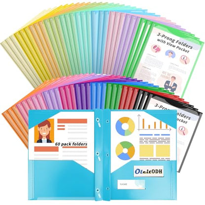 Oleitodh Plastic Folders with Pockets - 60 Pack 20 Colors & 2 Pocket Folder Bulk with 2 Business Card Slots, Heavy Duty File Folders for School Home Office and Business - style: 3-Prong with View Pocket Style