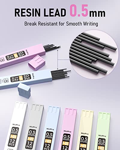 Nicpro 6PCS Pastel Mechanical Pencil Set 0.5 mm, Cute Mechanical Pencils with Comfort Grip with 12 Tubes HB Lead Refill, 3 Eraser, 9 Eraser Refills for Student Writing, Drawing, Sketching- with Case - size: 0.5