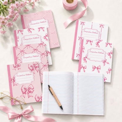 6 Packs 112 Pages Composition Notebook for Back to School 7-1/2" x 9-3/4" | Cute Pink Bow Composition Notebook College Ruled Bulk for First Day of School Office - color: Pink