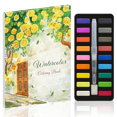 Elfew Watercolor Workbook Set for Adults & Beginners, Included Paint | Self-Watering Brush Pen, 20 Beautiful Watercolor Paintings, Included 18 Colors Watercolor Paint, 160gsm High Grade Paper - color: watercolor workbook set