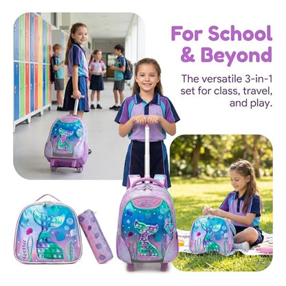 Kids Rolling Backpack for Girls Mermaid Trolley Suitcases Luggage with Wheels Bookbag Wheeled 3pcs on Lunch Box Pencil Case Preschool Students Elementary Teenagers Pink for Girls Age 5-12 - color: Pink-0130-wanjuywb