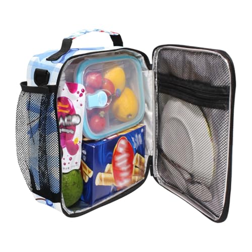 ALAZA Cherry Blue Bow Lunch Box Insulated Lunch Bag Kids Cooler Tote Bag Freezable Shoulder Strap Lunchbox for Girls School Picnic - color: Multi50