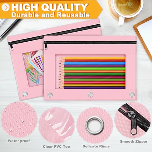 Pencil Pouch for 3 Ring Binder, 2 Pack Pencil Bags with Zipper, Pink Pencil Case for Classroom School Office Supplies, Large Sturdy and Durable Cloth Pencil Pocket for 3 Holder Binder - color: Pink