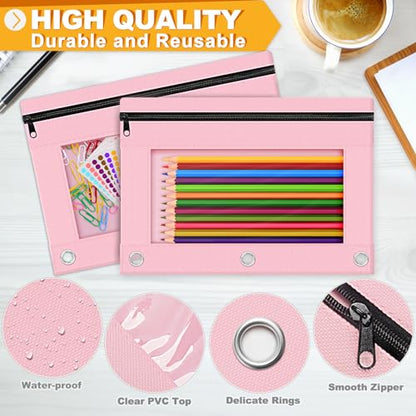 Pencil Pouch for 3 Ring Binder, 2 Pack Pencil Bags with Zipper, Pink Pencil Case for Classroom School Office Supplies, Large Sturdy and Durable Cloth Pencil Pocket for 3 Holder Binder - color: Pink