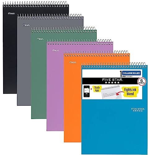 Five Star Top Spiral Notebook + Study App, 6 Pack, 1 Subject, College Ruled Notepad, 8-1/2" x 11", 100 Sheets, Assorted Colors (73525)