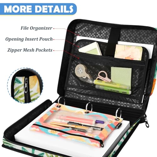 Tropical Flowers Leaves Zipper Binder with 2 Inch D-Rings Expandable File Portfolio with Shoulder Strap, Waterproof Nylon Organizer for 14" Laptop for Work College Travel