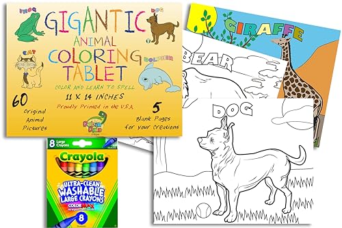 Gigantic Animal Coloring Book for Toddlers & Preschoolers – 60 Fun Pages – Jumbo 11x14 Size – Easy Animal Pictures – Thicker Paper – Crayons Included - Made in USA by Debra Dale Designs
