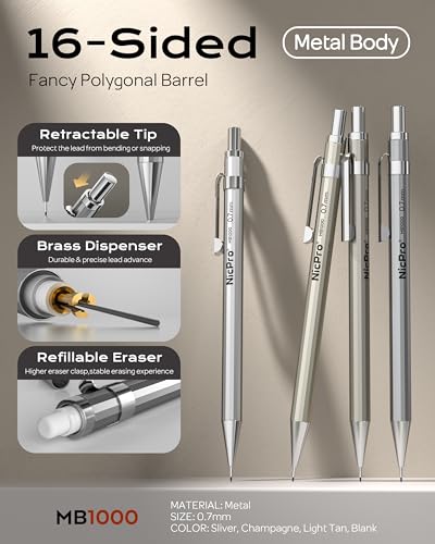 Nicpro 4 Pack Mechanical Pencil 0.7mm with Case, MB1000 Metal Mechanical Pencil Set with 6 Tube HB #2 Lead Refill 0.7 mm, 3PCS 4B Eraser, 9 Cap Eraser for Artist Drafting Writing, Sketching, Drawing - style: 4 Pack （0.7mm）