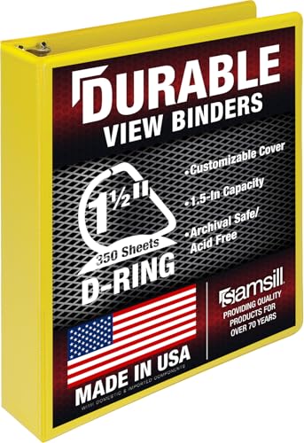 Samsill Durable 1.5 inch 3 Ring Binder, D Ring Binder, 100% Recycled Chipboard, Yellow - color: Yellow, size: 1 Pack, style: 1.5 Inch