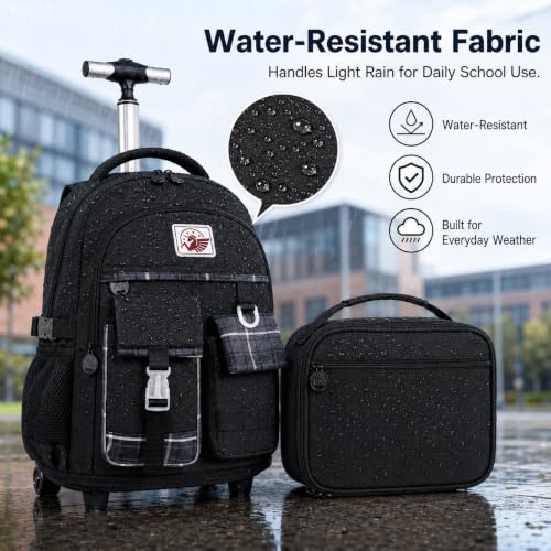 gxtvo 3PCS Rolling Backpack for Women, Girls Wheeled Bookbag with Lunch Box for Adults, Water Resistant Roller School Bag for College Teens Kids Travel - Black - color: 3pcs Set Black