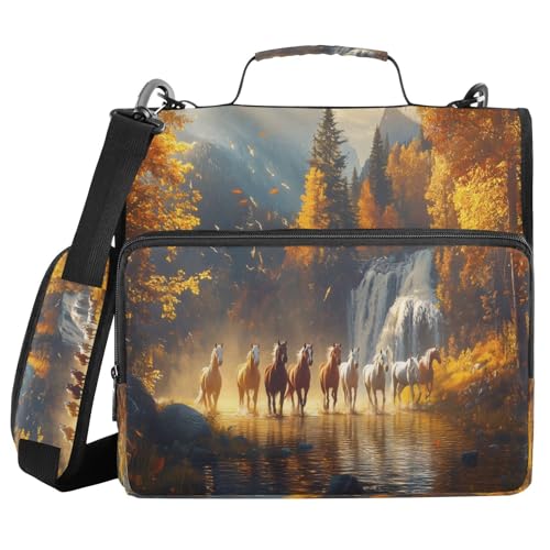 Horses Zippered Binder Bag with Handle and Shoulder Strap, 1.5 inch 3 Ring D Ring Expanding File Folder Waterproof Multiple Pockets Organizer Binder