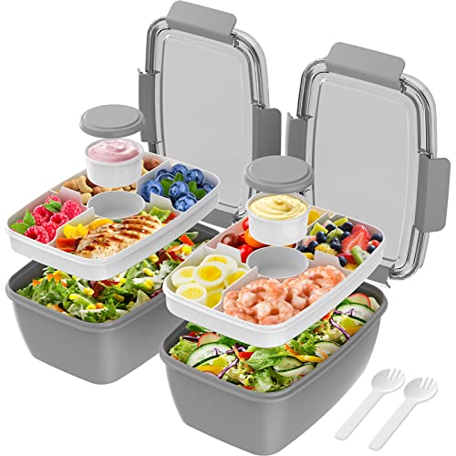 Cherrysea 2Pack Salad Lunch Container, 68oz Salad Bowls with 4 Compartments Tray,Leak Proof Lunch Box with Fork for Men,Women BPA-Free Snack Container with Sauce Container for Dressings-Grey - color: 2Pack-Grey, size: 68oz