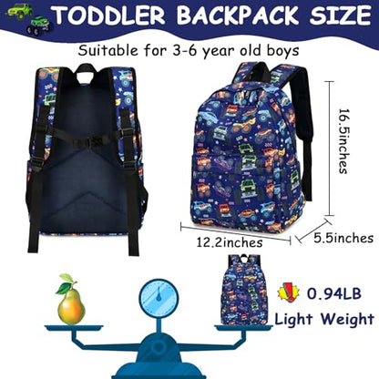 CAMTOP Backpack for Kids, Boys Girls Preschool Backpacks with Lunch Box Toddler Kindergarten School Bookbag Set - color: Monster Truck-navy