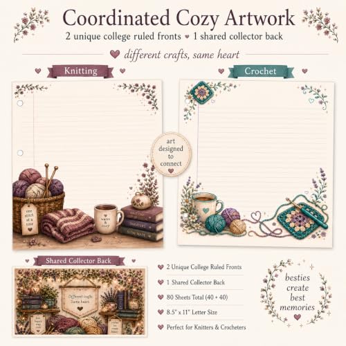 Charmfolio Duo Knitting & Crochet Binder Paper, 80 College Ruled Sheets, 8.5 x 11 3 Hole Punched Loose Leaf Stationery, Back to School Basics, Backpack Essentials for Crafty Besties