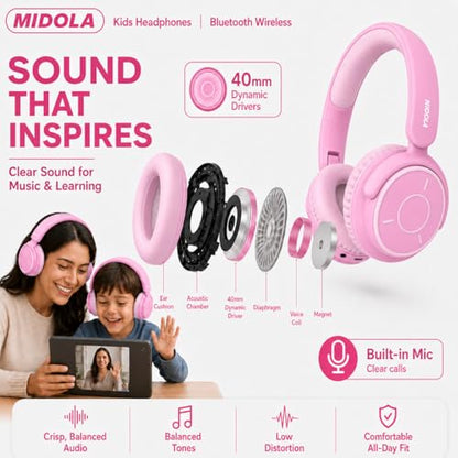 MIDOLA Kids Bluetooth Headphones 68H Play Time,Volume Limit 85/94dB, Foldable Lightweight Wireless Over-Ear Headphone for Kid Toddler Child Pad Tablet,Headsets with Built-in Mic Pink - color: Pink