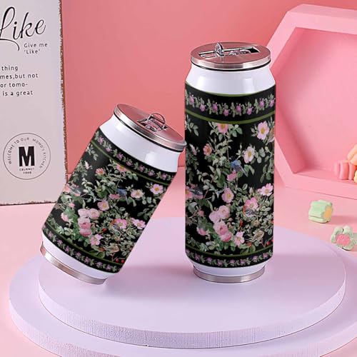 Spring Flower 14oz Stainless Steel Tumbler with Lid & Straw-Double Wall Vacuum Insulated Travel Mug Birds Flower Ethnic Pastoral Black Water Bottle Coffee Beverage Drinks Cup - size: 14 Ounces