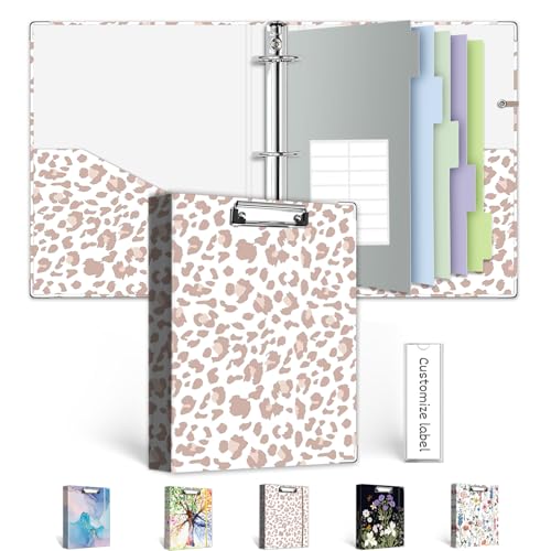 Mini 3 Ring Binder 1 Inch for 5.5"x8.5" Paper, Cute Small Three Ring Binders with Clipboard,5-Tab Dividers, Interior Pocket, Spine ID Label Holder, BVSSX A5 Binder with Pen Holder,Leopard - color: 01-leopard, size: 1in（5.5"X8.5"）