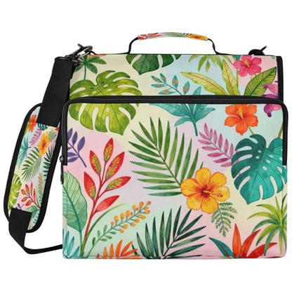 Abstract Tropical Leaves Zipper Binder with 2 Inch D-Rings Expandable File Portfolio with Shoulder Strap, Waterproof Nylon Organizer for 14" Laptop for Work College Travel