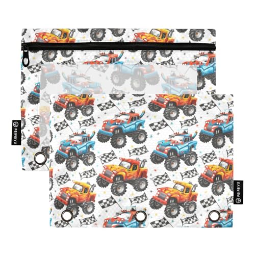 Binder Pencil Pouches Cartoon Monster Truck Pattern Pen Case | Clear Window 3 Rings, Cosmetic Bags School Office Supplies Cosmetic Makeup Bag 2 Psc - color: Monster Truck