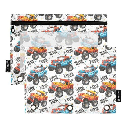 Binder Pencil Pouches Cartoon Monster Truck Pattern Pen Case | Clear Window 3 Rings, Cosmetic Bags School Office Supplies Cosmetic Makeup Bag 2 Psc - color: Monster Truck