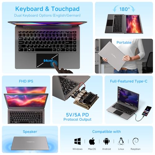 ELECROW Portable Monitor with Keyboard, 14 Inch Lapdock Display with Built-in Battery, 1080P FHD USB C Monitors with RPi5 & Jetson Adapters Compatible with Raspberry Pi, PC, Phone, Mac, Game Console