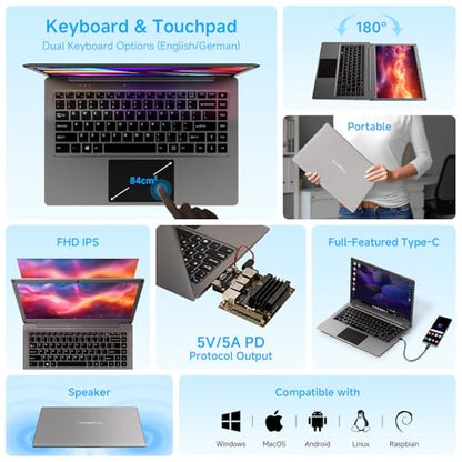 ELECROW Portable Monitor with Keyboard, 14 Inch Lapdock Display with Built-in Battery, 1080P FHD USB C Monitors with RPi5 & Jetson Adapters Compatible with Raspberry Pi, PC, Phone, Mac, Game Console