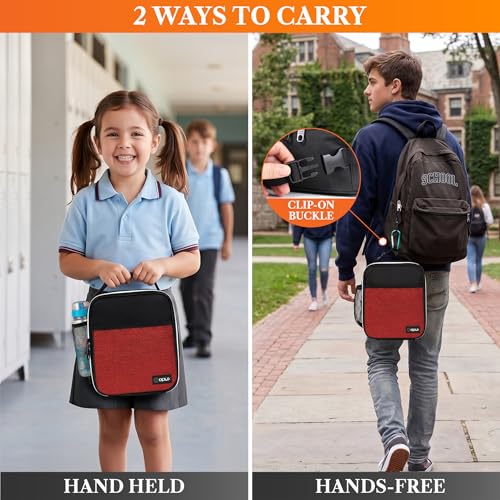 opux Insulated Lunch Bag for Kids Boys Girls, Small Compact Lunch Box with Wide Opening & Mesh Pockets, Reusable Lunch Pail for School, Work, Adults, Men, Women, Heather Red - color: Heather Red