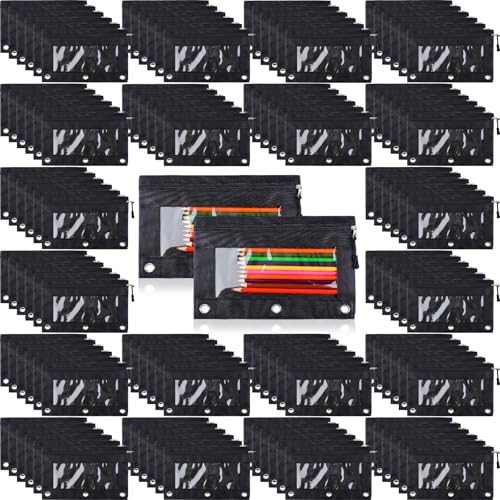 Zhehao 150 Pieces Zippers Binder Pencil Pouches 3 Ring Binder Zipper Pouches Case with Window Ring Pencil Bags Case or Office School Students Supplies(1 Zipper,Black) - size: Full Black, style: 1 Zipper
