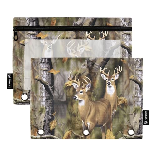 Camo Deer Hunting Pencil Pouches for 3 Ring Binder, Zipper Binder Pencil Case, 2 Pack Clear Window Case Bag for Office Organizers - color: Camo Deer Hunting
