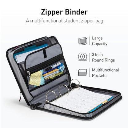 3-Inch Zipper Binder, 3 Rings Binder with Expanding File and Shoulder Strap, Rose - color: Rose