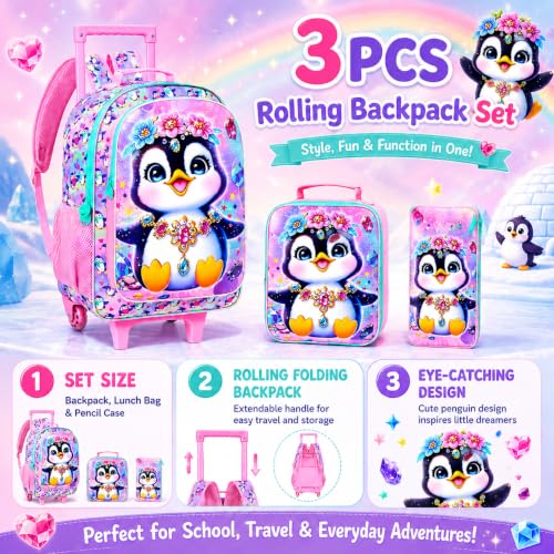 3Pcs Rolling Backpack for Girls, Kids Roller School Backpack with Wheels, Penguin Wheeled Bookbag for Elementary Preschool Kindergarten(Pink) - color: Penguin Pink