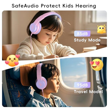 Candy Bila Kids Wired Headphones for Kids with Microphone, 85/94dB Volume Limiter Headphones for Girls Boys, Light Purple - color: Light Purple and Pink
