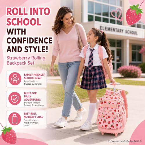 HPJGD Rolling Backpack for Girls, Womens Strawberry School Backpacks with Wheels, Water-Resistant Roller Kids Wheeled Bookbag Set with Lunch Box - color: Pink Strawberry Rolling Set