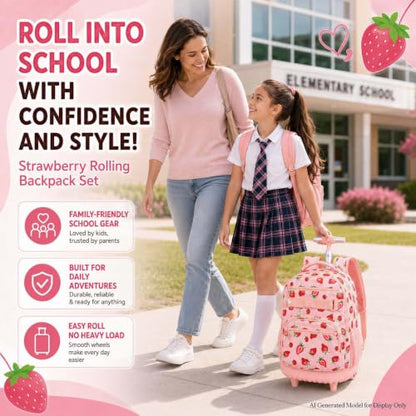 HPJGD Rolling Backpack for Girls, Womens Strawberry School Backpacks with Wheels, Water-Resistant Roller Kids Wheeled Bookbag Set with Lunch Box - color: Pink Strawberry Rolling Set