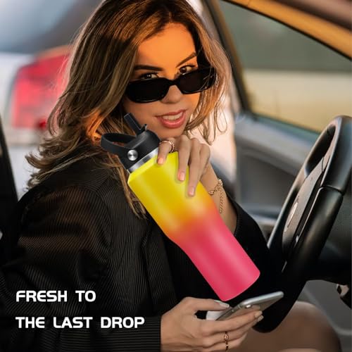 32oz Stainless Steel Water-Bottle with Straw -Keeps Cold 48h & Hot 24h, Insulated Water Bottles w/Strap Carrier Pouch & Boot, Travel Cup Fits in Car Cup Holder - color: Yellow Rose-red, size: 32 Ounces