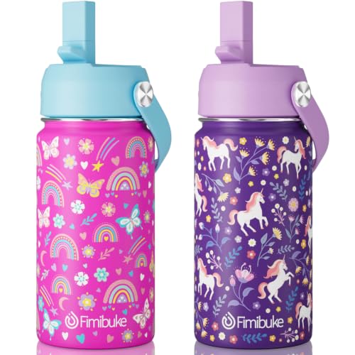 Fimibuke Kids Insulated Water Bottle, 14oz BPA FREE Double Wall Vacuum Tumbler 18/8 Stainless Steel Leak Proof Kids Cups with Straw Metal Water Bottle for School Boys Girls, 2 Pack - color: Butterfly & Unicorn