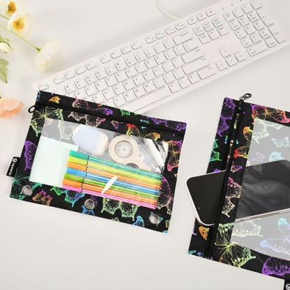 Butterfly Pencil Pouches Bags for 3 Ring Binder, 2 Pack Zipper Stationery Bag with Clear Window 3 Hole Pencil Case for School Office Home - color: Butterfly