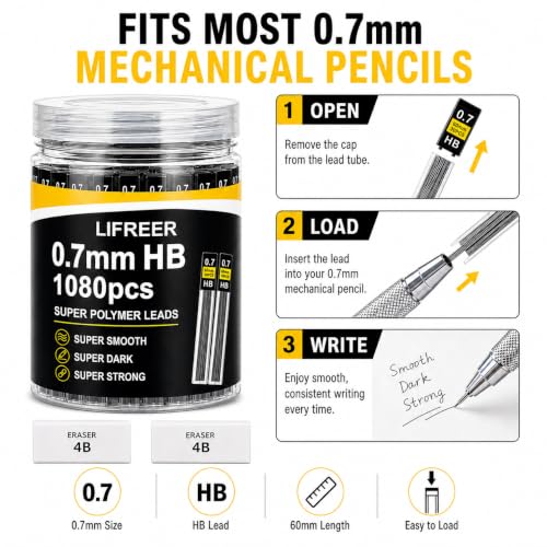 0.7 Lead Refills (1080 Pcs), Unbreakable 0.7 mm Lead Refills and 2 Premium Erasers, Long Lasting HB Pencil Lead 0.7 Refill,Mechanical Pencil Lead 0.7mm for Students & Professionals - style: 0.7 lead refills