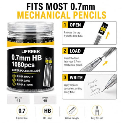 0.7 Lead Refills (1080 Pcs), Unbreakable 0.7 mm Lead Refills and 2 Premium Erasers, Long Lasting HB Pencil Lead 0.7 Refill,Mechanical Pencil Lead 0.7mm for Students & Professionals - style: 0.7 lead refills